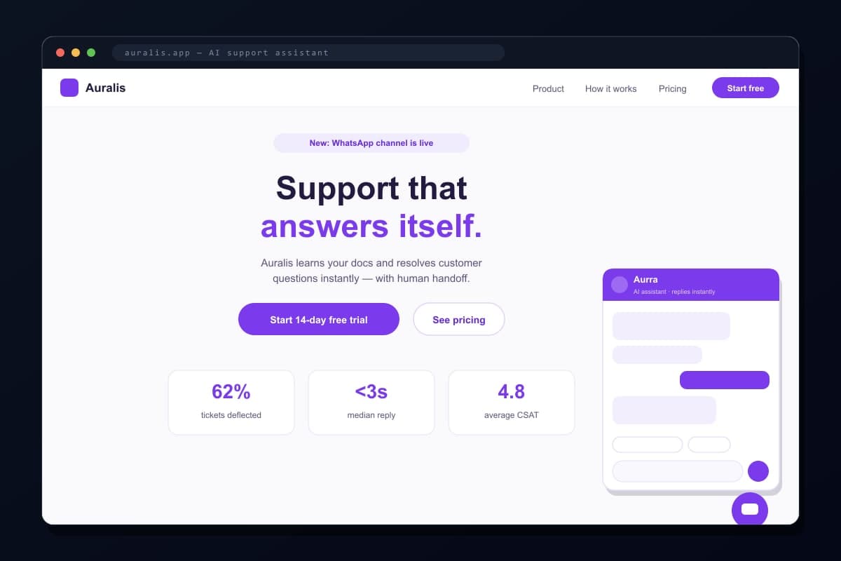 Auralis — AI Support Assistant — A SaaS site for an AI support product — with a working assistant.