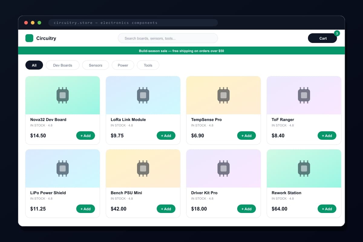 Circuitry — Components Storefront — An electronics store with working cart and checkout flow.