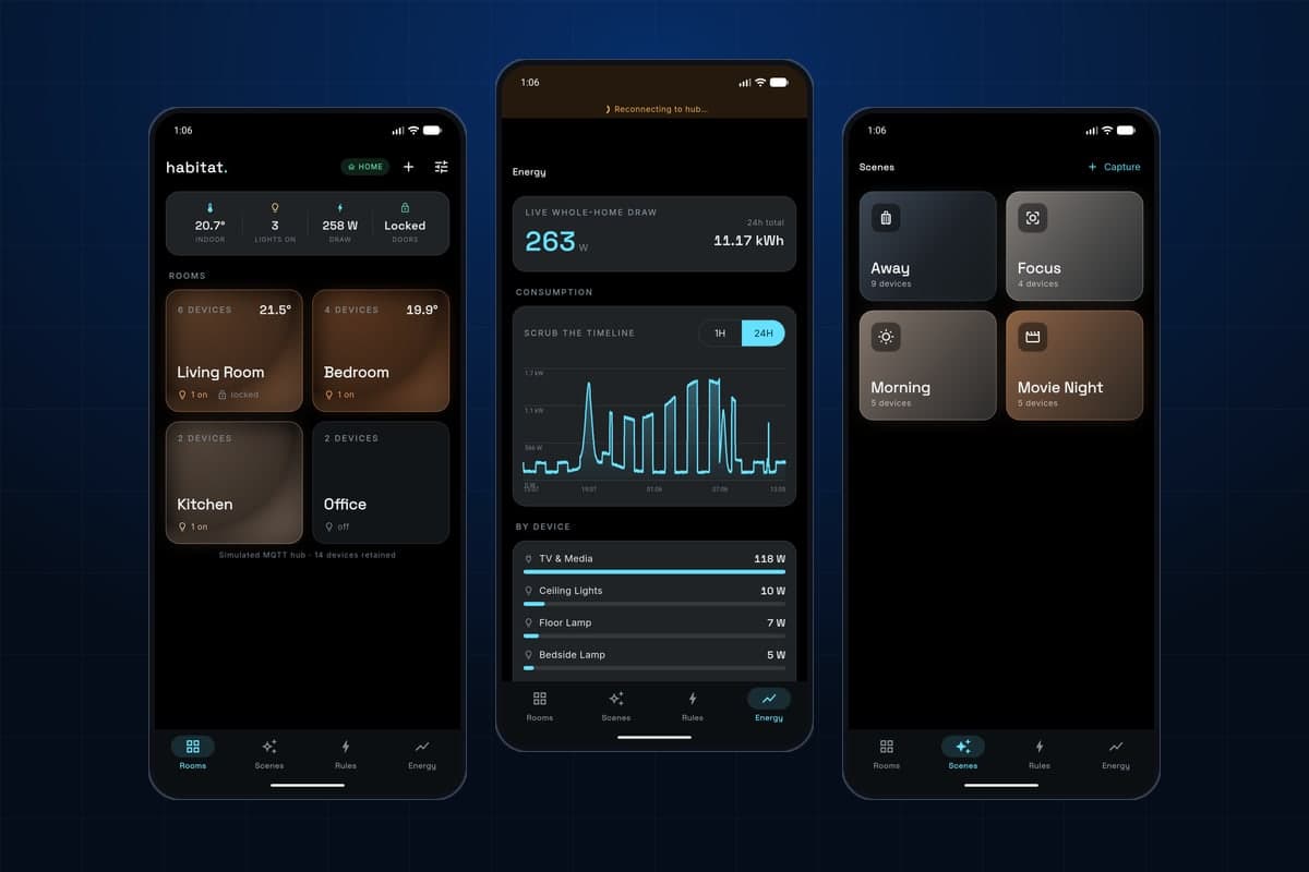 Habitat — Smart Home Command Center — Whole-home command center: rooms, scenes, rules and live energy over an MQTT-style transport