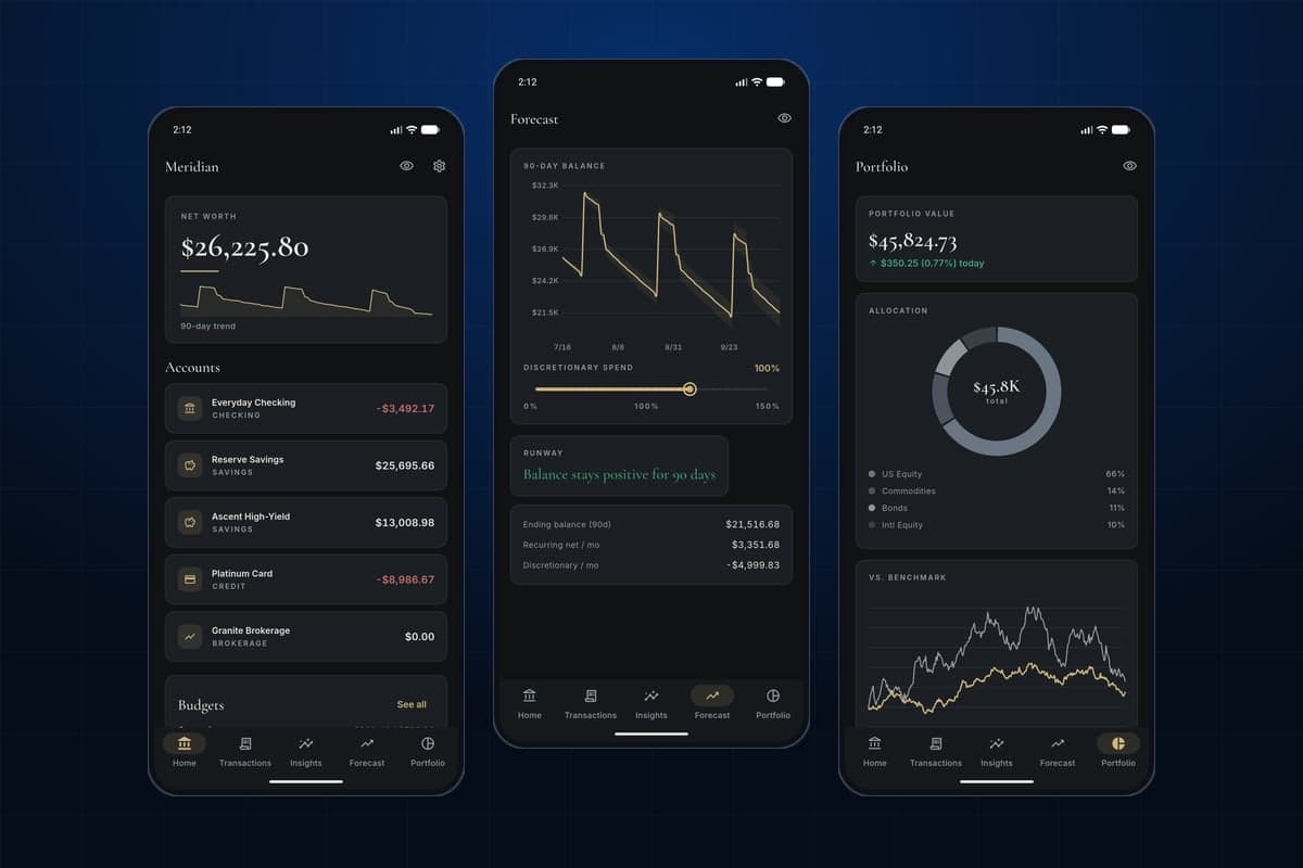 Meridian — Personal Finance Intelligence — Personal finance cockpit: learning categorizer, evidence-backed insights, what-if forecast