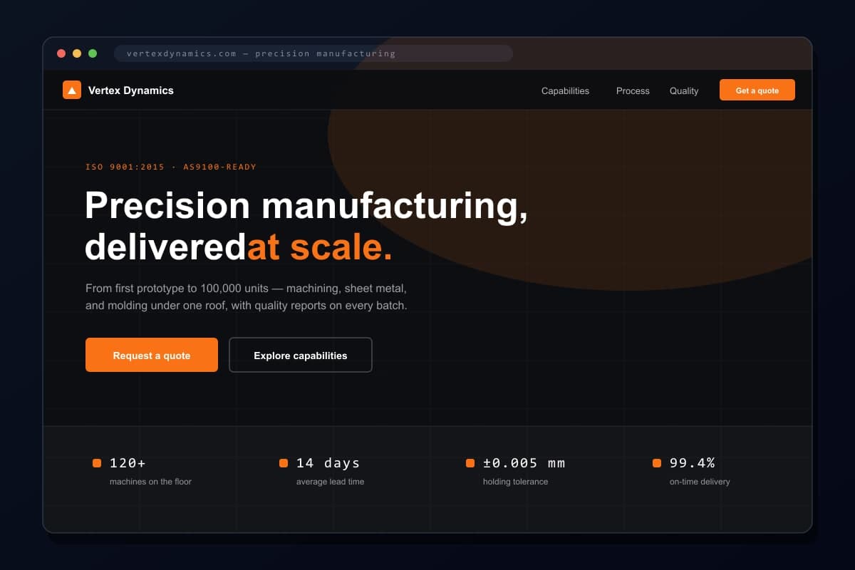 Vertex Dynamics — Corporate Website — A polished multi-section site for a precision manufacturer.